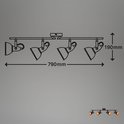 Technische tekening van een zwarte plafondspot met vier lampenkappen, met afmetingen 79 cm en 19 cm.