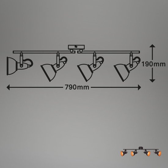 Technische tekening van een zwarte plafondspot met vier lampenkappen, met afmetingen 79 cm en 19 cm.