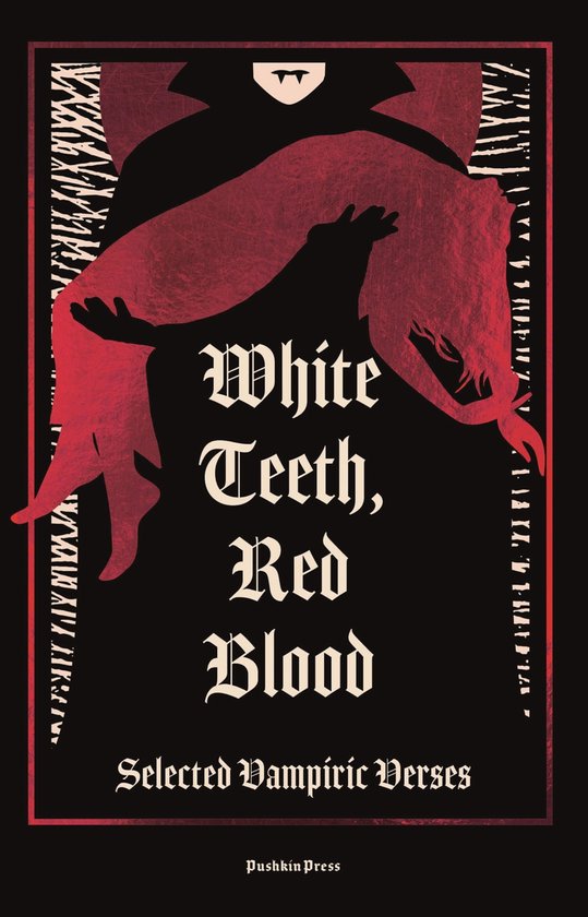 Couverture de livre avec le titre 'White Teeth, Red Blood' en lettres gothiques, représentant une figure rouge tenant une autre.