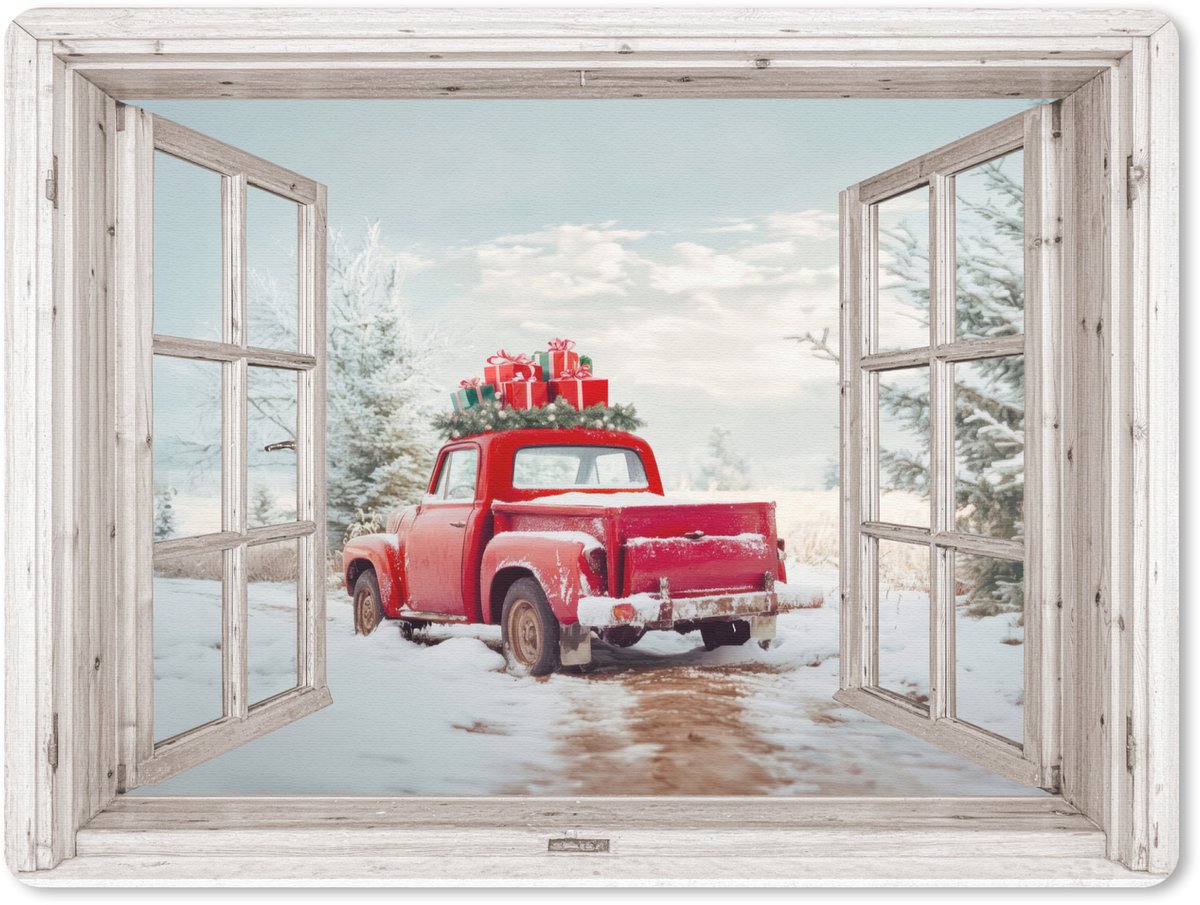 Muismat 23x19 cm - Mousepad Auto - Rood - Cadeaus - Winter - Kerst - Doorkijk - Wit - Muismatten