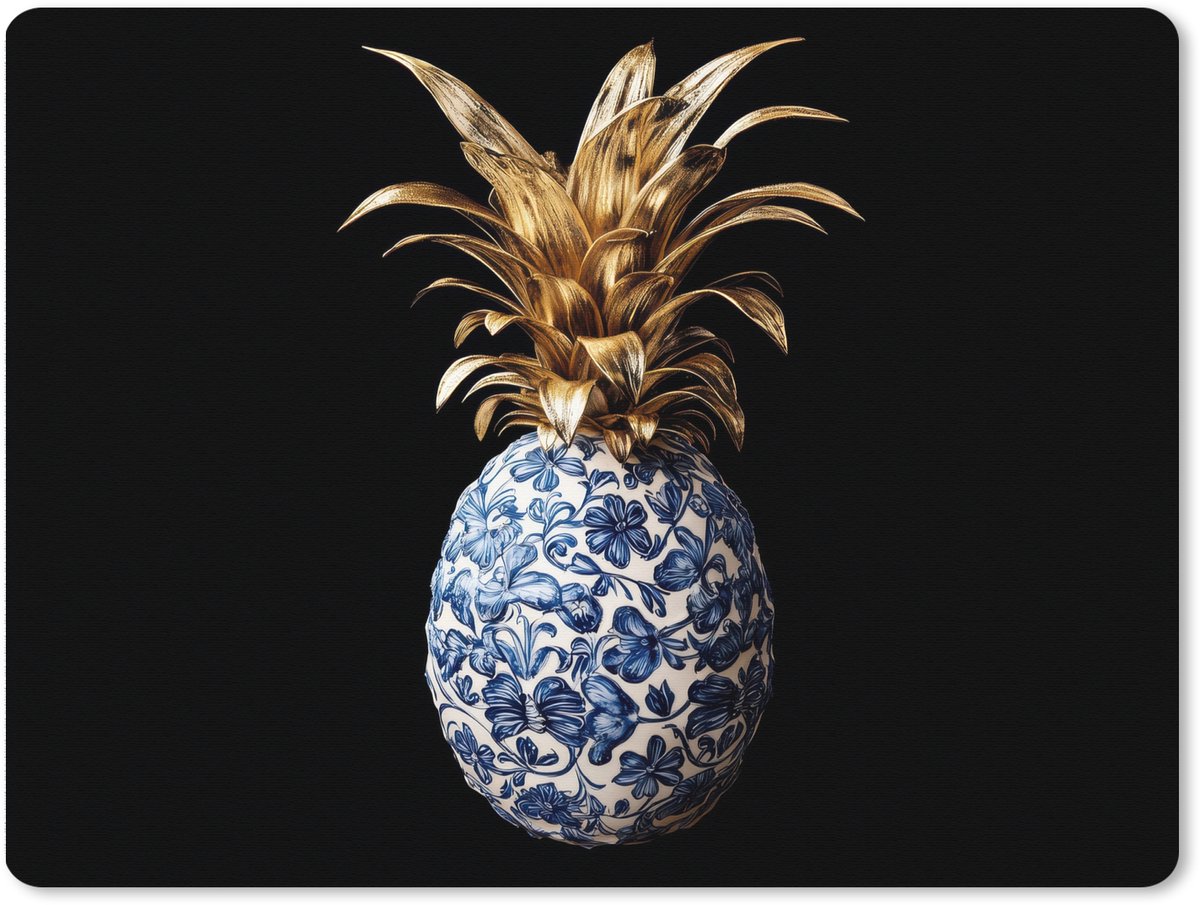 Muismat XXL 80x60 cm - Bureau onderlegger - Bureau mat Ananas - Bloemen patroon - Goud - Delftsblauw - Bureaumat - Gaming mousepad xl - Bureaulegger groot - Computer deskmat