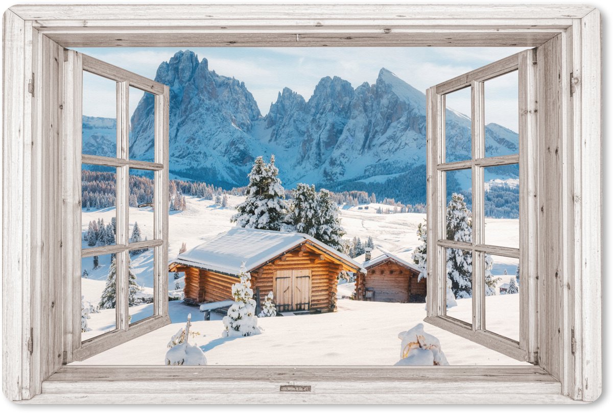 Muismat XXL 90x60 cm - Bureau onderlegger - Bureau mat Winterlandschap - Huisje - Bergen - Uitzicht - Doorkijk - Natuur - Bureaumat - Gaming mousepad xl - Bureaulegger groot - Computer deskmat