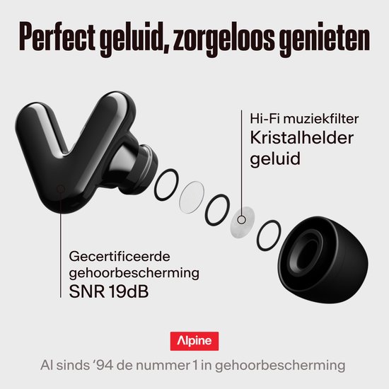 Alpine Tune Oordopjes Festival - Concert Oordopjes met Geluidsdemping - Hifi Geluidskwaliteit - 19dB Gehoorbescherming met Helder Geluid - 4 Maten Oordoppen - Voor Concerten, Feesten, Raves & Clubs - Zwart