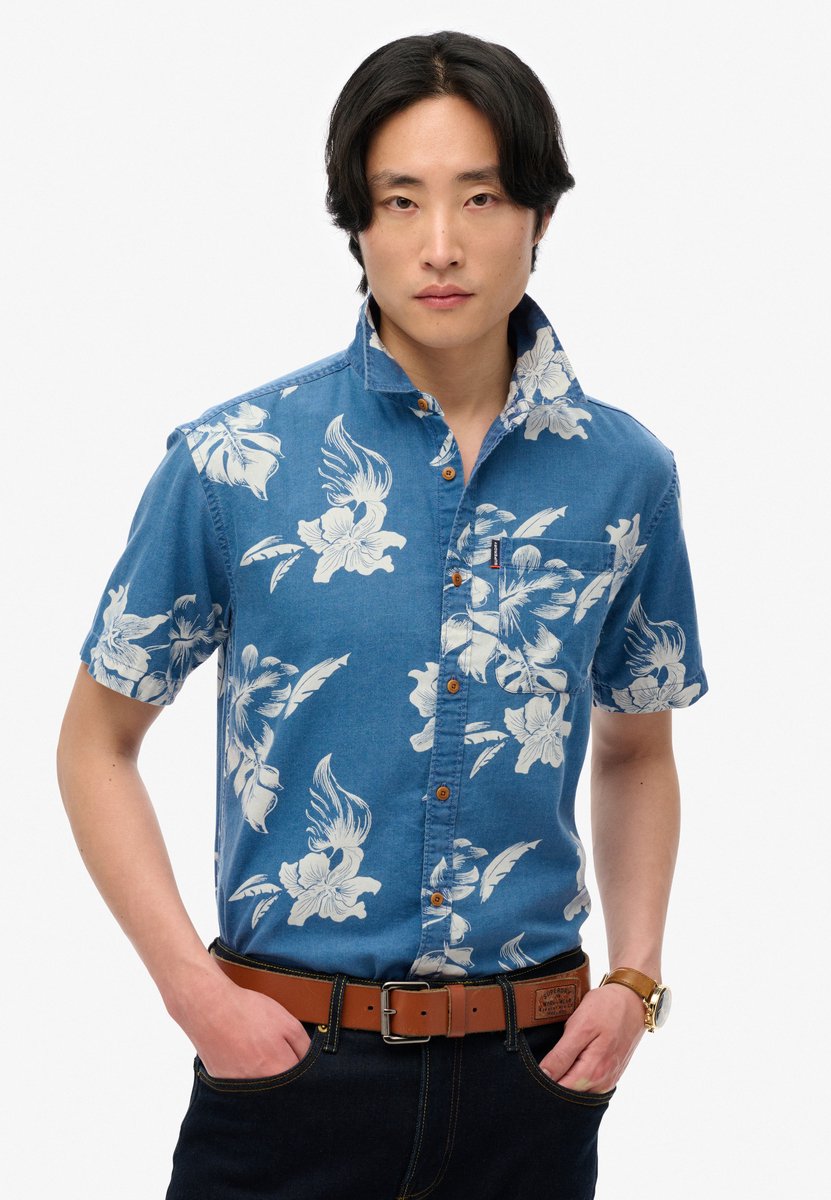 Superdry Vintage Loom Korte Mouw Overhemd Heren Shirts Chrissy Indigo Rinse