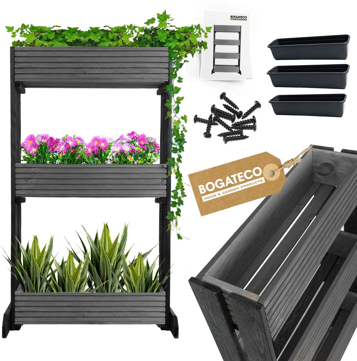 BOGATECO | Set van 3 bloempotten op standaard | Set van 3 bloempot plantenbakken 64x20cm | Houten bloempotten voor tomaten en bloemen, plantenbak voor tuinbalkon | 120cm hoog | Zwart
