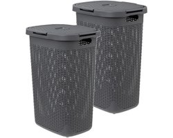 5Five Wasmand met deksel Rotan - 2x - donkergrijs - gevlochten kunststof - 60 liter - 45 x 35 x 66 cm