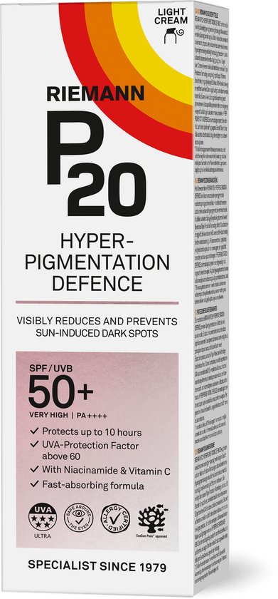 Doosje Riemann P20 Hyperpigmentation Defence SPF 50+ met oranje, gele en rode cirkels. Beschrijft voordelen zoals 10 uur bescherming en formule met niacinamide.