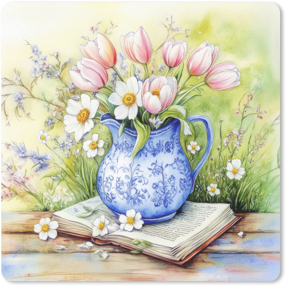 Muismat 20x20 cm - Mousepad Vaas - Delftsblauw - Madeliefjes - Muismatten