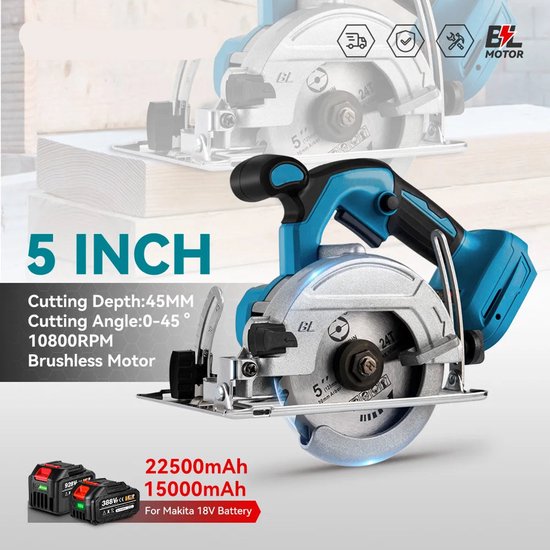 Accucirkelzaag 6 inch accucirkelzaag voor Makita 18V batterij, 6800 tpm borstelloze cirkelzaag met 3 zaagbladen, 0-45° schuine rand, 57 mm diepte, voor hout kunststof tegels snijden (alleen