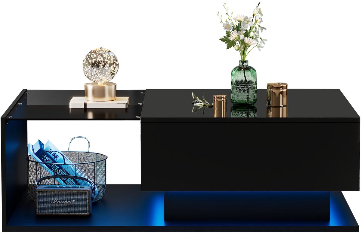 Merax Zwarte Salontafel Hoogglans met Glasplaat en Lade – 100x50x32 cm – Bijzettafel met LED-Verlichting – Moderne Design Tafel met Opbergruimte