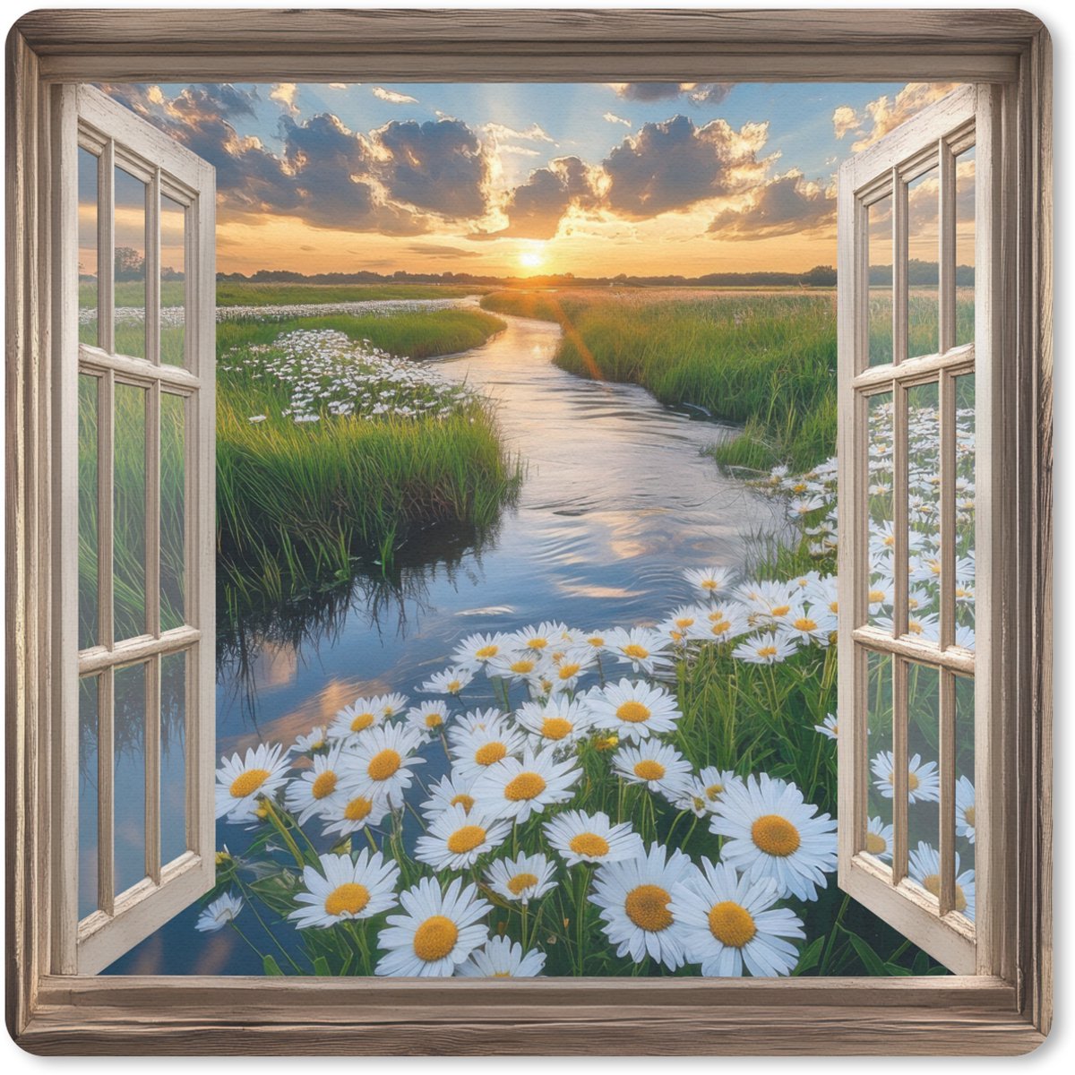 Muismat 20x20 cm - Mousepad Doorkijk - Landschap - Raam - Water - Zonsondergang - Muismatten