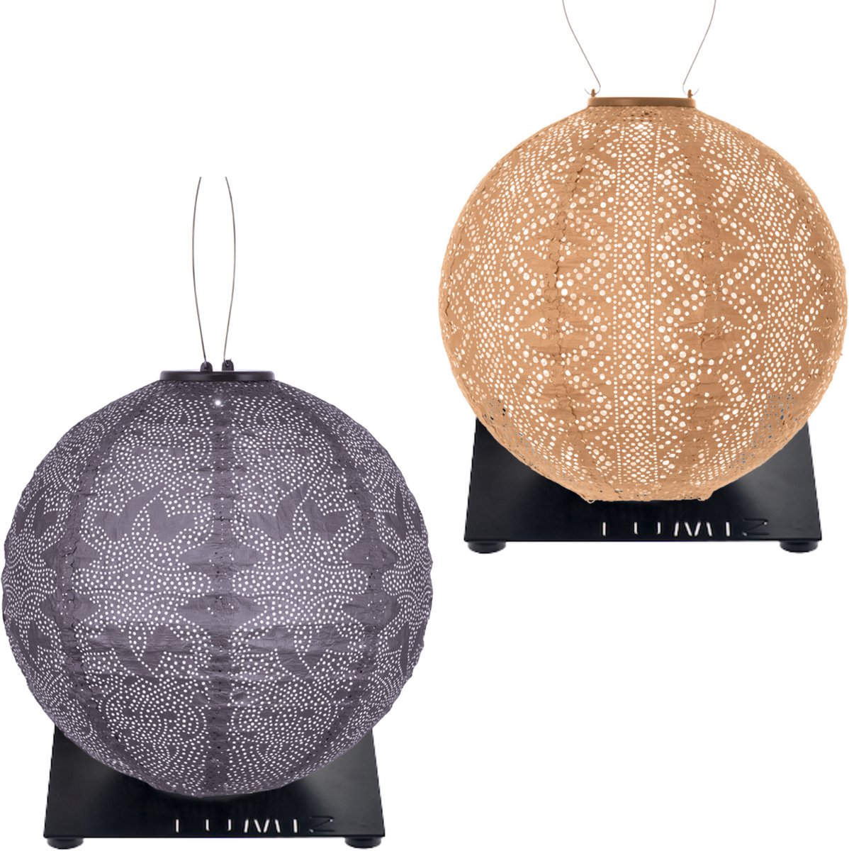 Lumiz Solar Buitenlampionnen Amanohashidate Set - Rond lampionnen inclusief 2 metalen platen - Abrikoos - Paars
