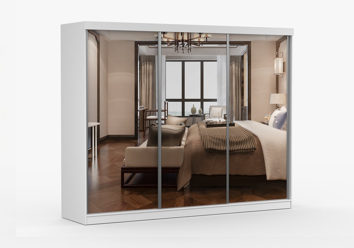 Kledingkast MILKO 250 cm - 3-deurs schuifdeurkast met spiegel, 3 lades en kledingstang - Garderobekast met ruime opbergruimte - Moderne kast voor slaapkamer en hal (Wit)