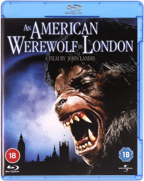 Blu-ray hoes van An American Werewolf in London met een close-up van een weerwolf met opengesperde bek en tandengezicht, en een silhouet van Londen.