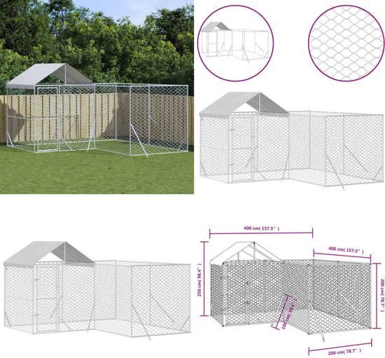 vidaXL Hondenkennel met dak 4x4x2,5 m gegalvaniseerd staal zilver - Hondenkennel - Hondenkennels - Honden Kennel - Buitenhok