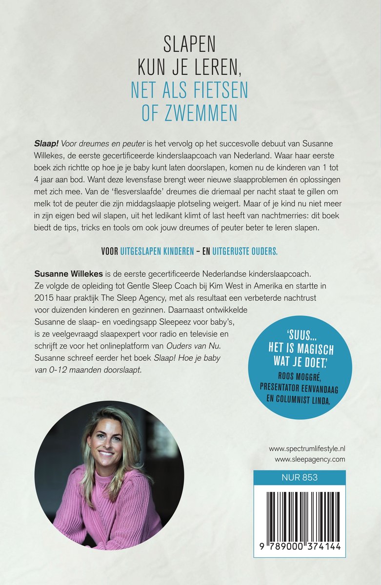 Boekcover met portret van Susanne Willekes in roze vest, met tekst 'Slapen kun je leren, net als fietsen of zwemmen'.
