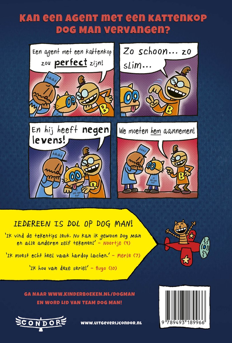 Achterkant van een stripboek met vier panelen van Sjoers en Harold. Een personage met een kattenkop wordt aangenomen.