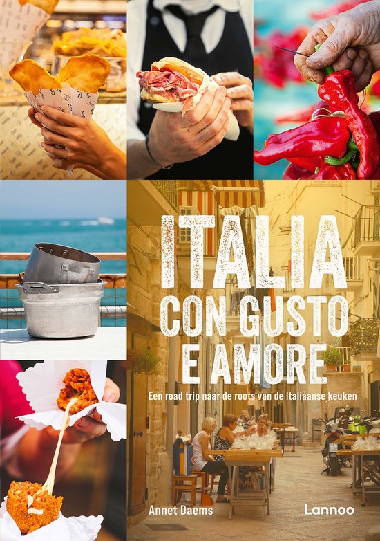 Collage van foto's van Italiaans eten, een vrouw en een Fiat 500.