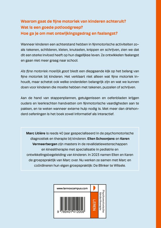 Achterkant van het boek 'Als fijne motoriek moeilijk gaat' met uitleg en auteursinfo.