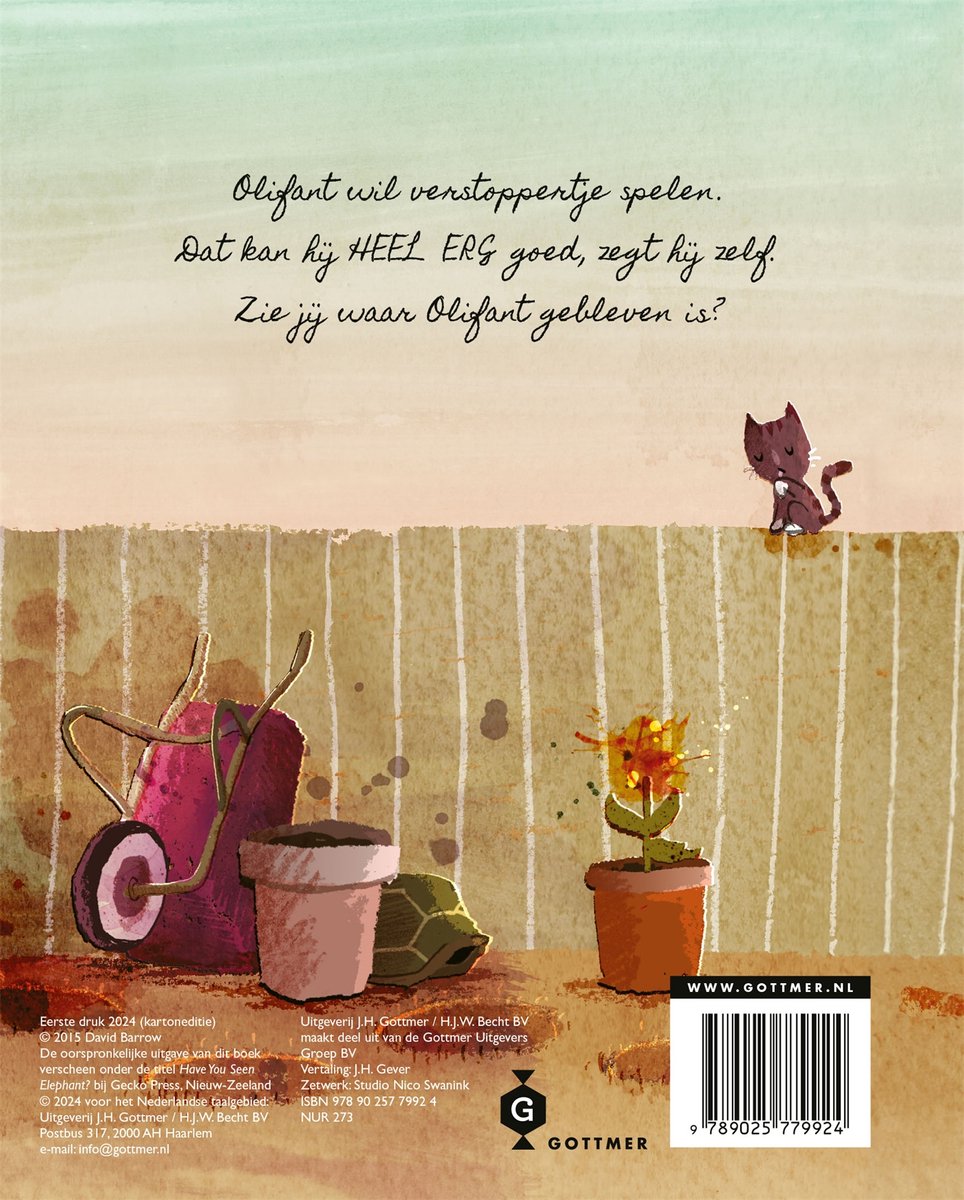 Een illustratie van een tuin met een kruiwagen, potten, een schildpad en een bloeiende plant. Een kat zit op de achtergrond.