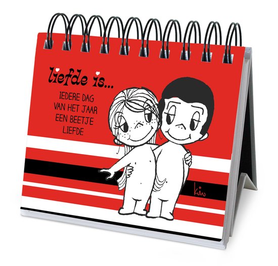 Een rood bureaukalendertje met "Liefde is... Iedere dag van het jaar een beetje liefde" en twee getekende poppetjes die elkaar vasthouden.