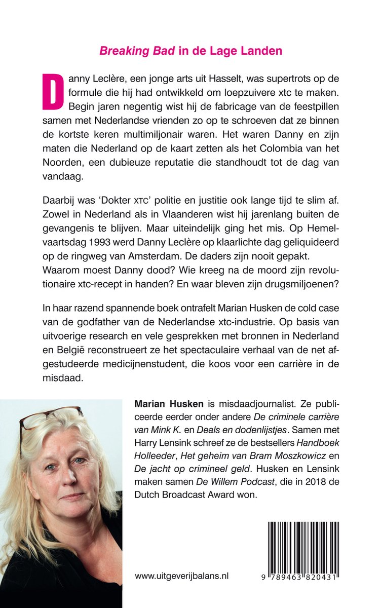 Achterkant boek "Dokter XTC" door Marian Husken, met een foto van de auteur.