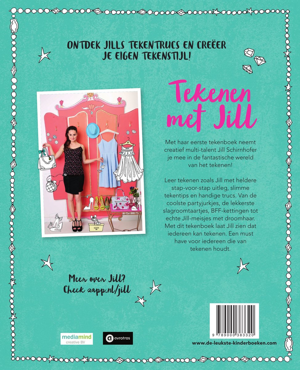 Turquoise achterkant van het boek "Tekenen met Jill" met een illustratie van Jill met kledingstukken en een kledingrek. De tekst luidt "Ontdek Jills tekentrucs en creëer je eigen tekenstijl!".