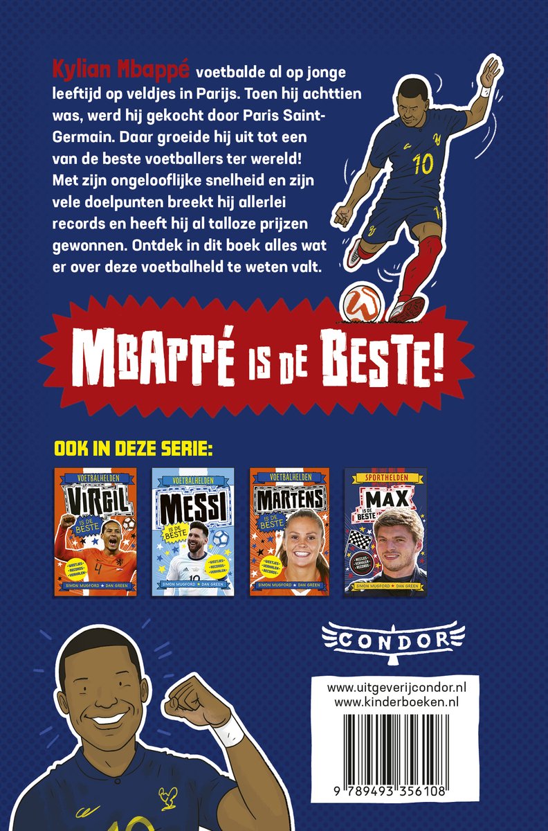 Achterkant van het boek 'Mbappé is de Beste' met een illustratie van een voetballer en informatie over de serie.