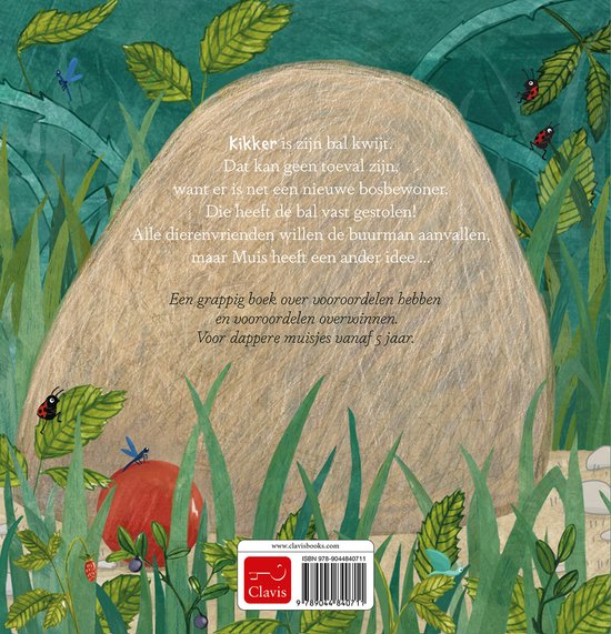Achterkant van een kinderboek met tekst en tekeningen van kriebelbeestjes, een bal, bosbessen en bladeren.