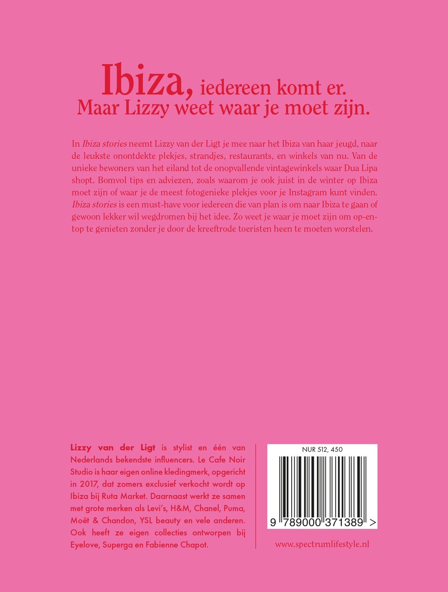 Boekcover van 'Ibiza stories' met een foto van een vrouw op Ibiza en de titel in roze letters. Rechtsonder de ISBN-barcode.