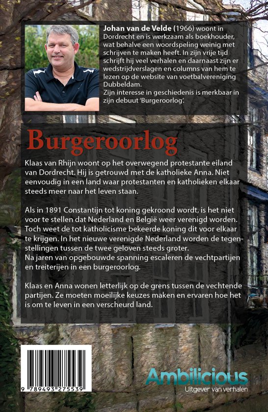 De achterkant van het boek 'Burgeroorlog' met een portret van Johan van de Velde, de titel en een samenvatting.