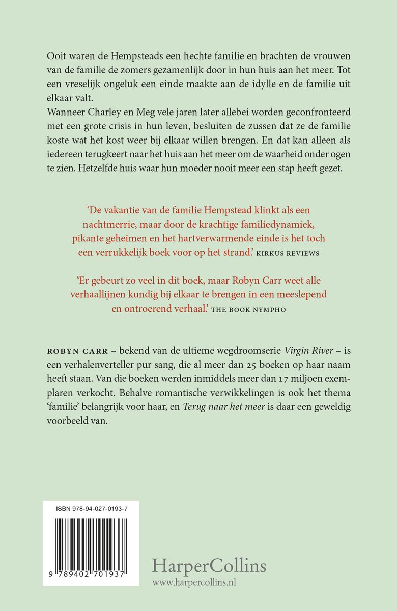 Achterkant van een boek met tekst over de familie Hempstead, recensies en informatie over de auteur Robyn Carr.