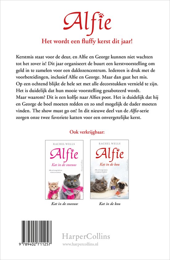 Twee Alfie boekomslagen: Kat in de sneeuw met twee kittens en Kat in de kou met twee katjes.