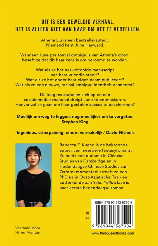 Achterkant van boek met foto van vrouw, tekst en ISBN