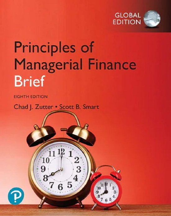 Livre "Principles of Managerial Finance Brief" huitième édition avec deux réveils au premier plan.