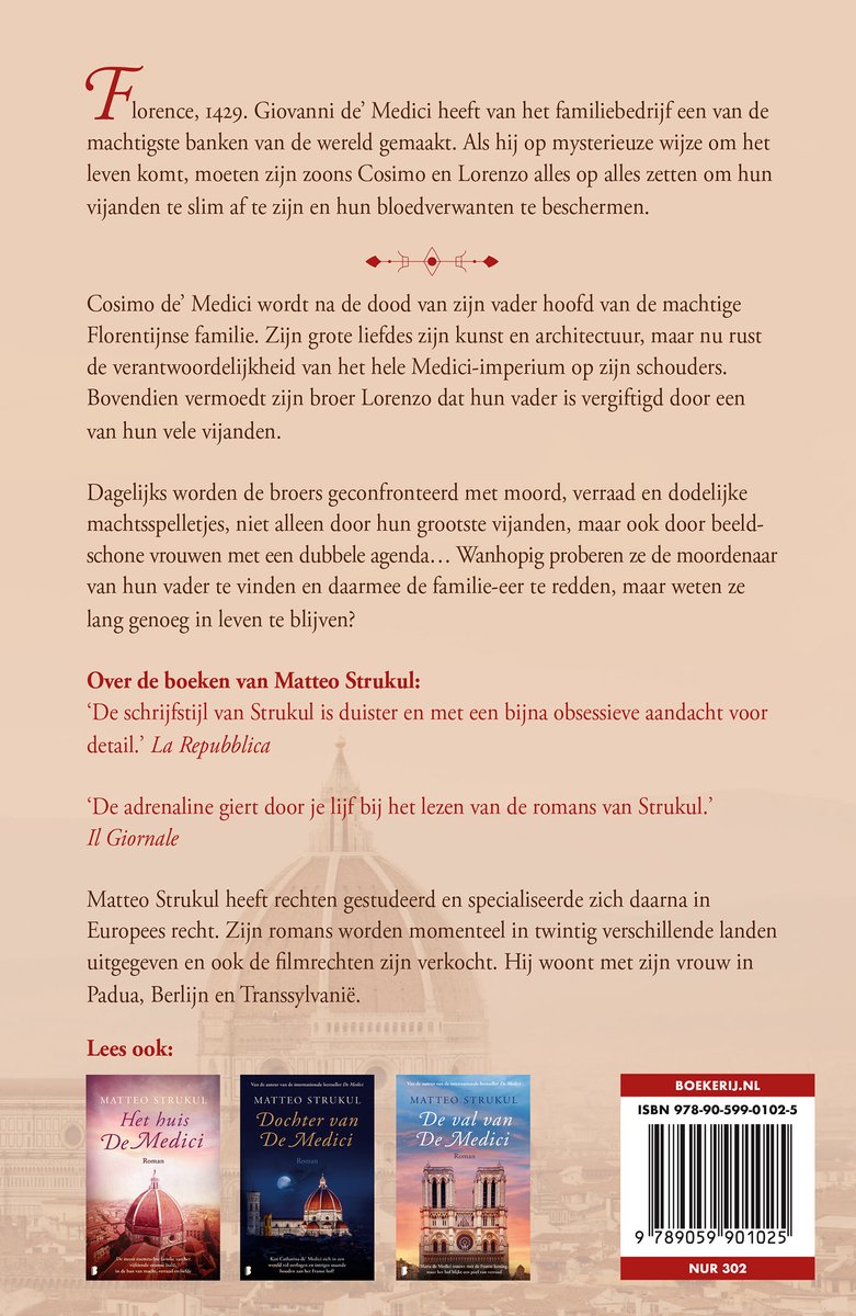Boekomslag met de titel 'De Medici', gesegmenteerd in vier boeken, met recensies en tekst in het Nederlands.