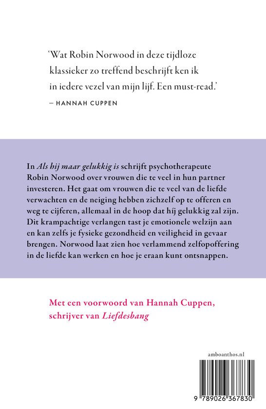 Boek "Als hij maar gelukkig is" met een voorwoord van Hannah Cuppen. Achterkant met barcode.