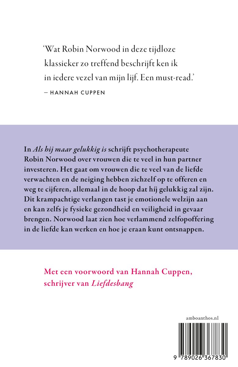 Boek "Als hij maar gelukkig is" met een voorwoord van Hannah Cuppen. Achterkant met barcode.
