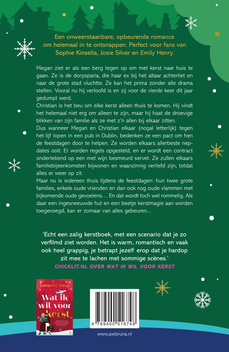 Achterkant van een boek met een kerstscenario, tekst en een kleiner boekje met de titel 'Wat ik wil voor kerst'.