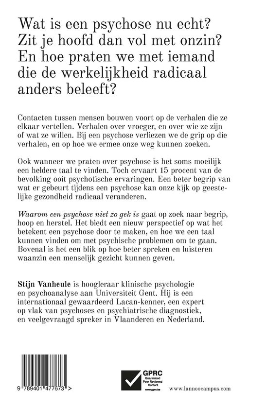 Achterkant boek met tekst. "Waarom een psychose niet zo gek is". Titel en auteursinfo. Lannoo Campus logo.