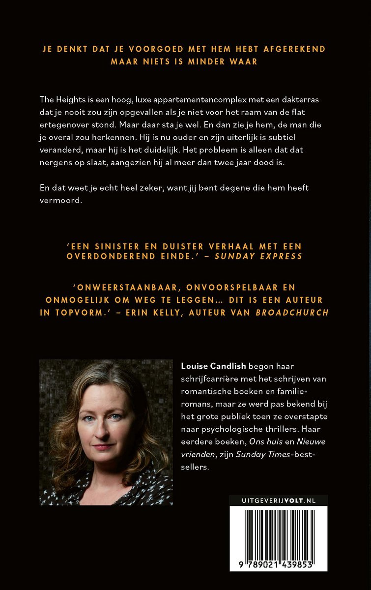 Achterkant van het boek 'Haar woorden'. Een foto van Louise Candlish, met tekst over haar schrijfcarrière en een barcode.