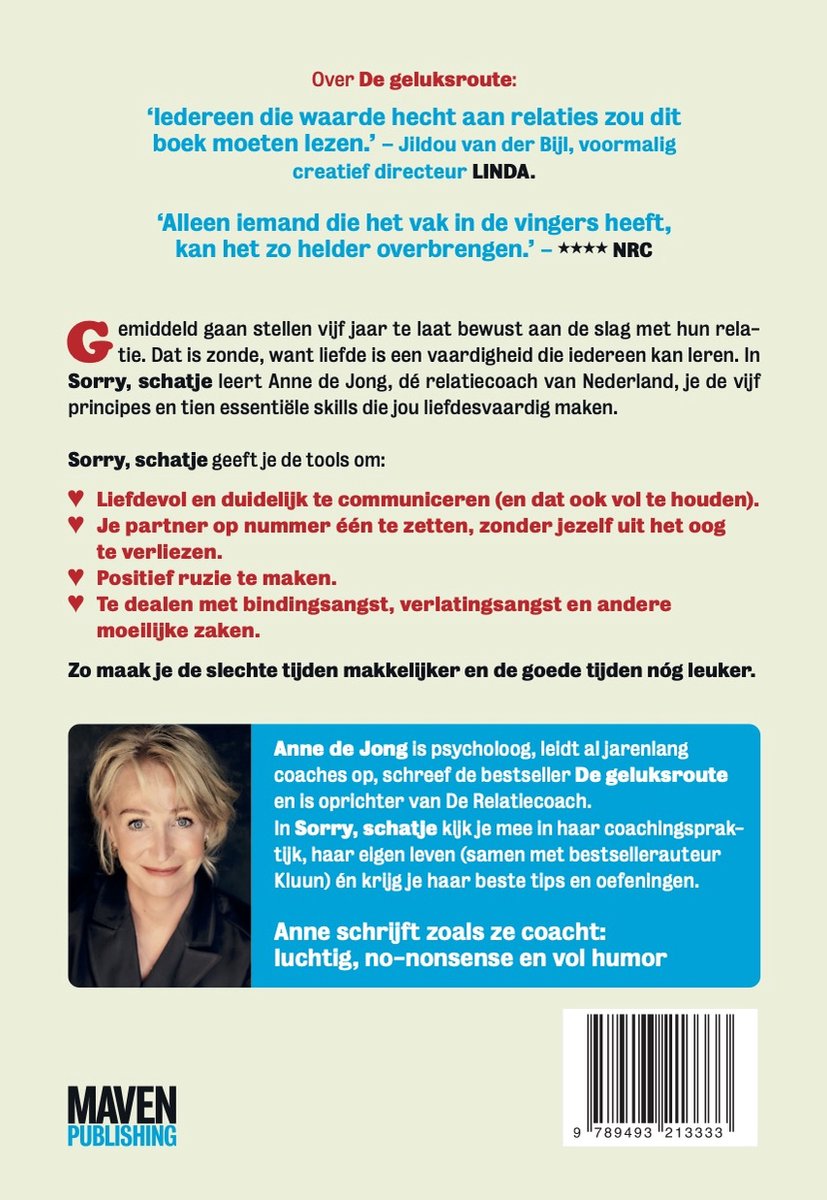 Achterpagina van een boek met een foto van de auteur, Anne de Jong.