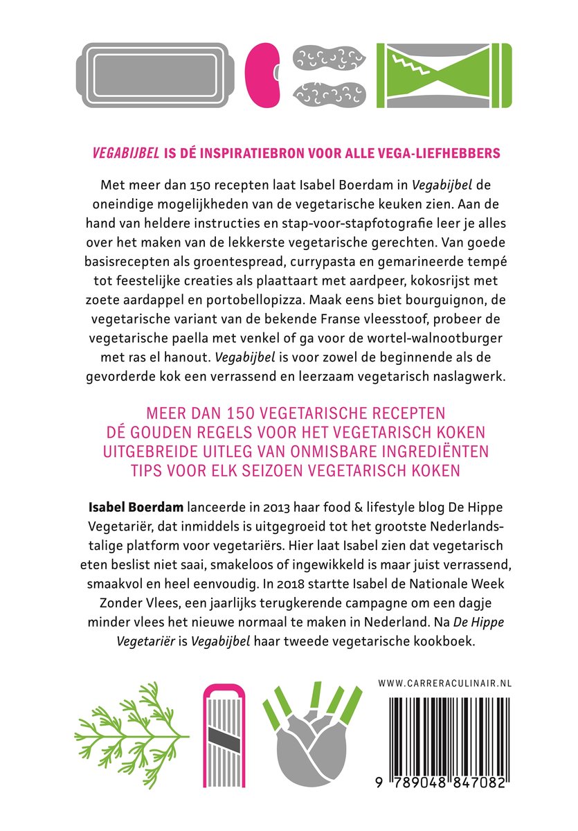 Boek "Vegabijbel" met illustraties van groenten, kruiden en kookgerei.