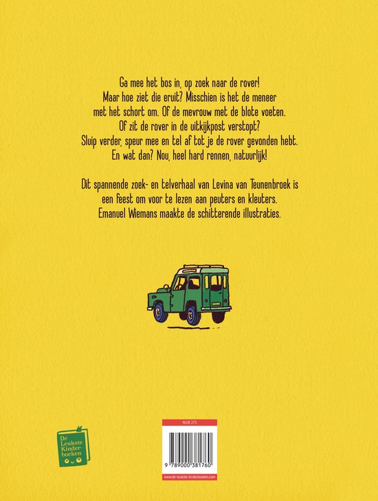 Groene jeep op een gele achtergrond met tekst over een boek.