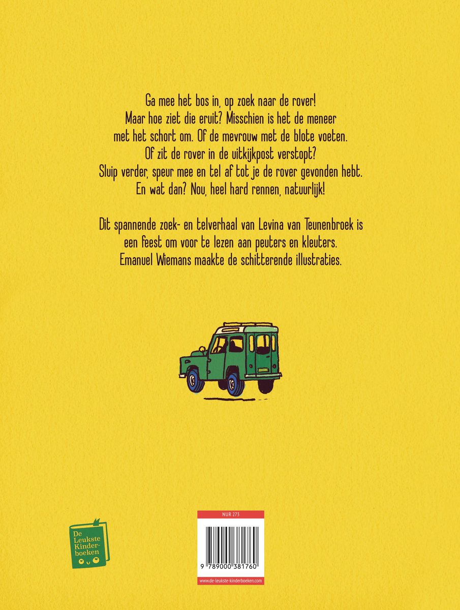 Groene jeep op een gele achtergrond met tekst over een boek.