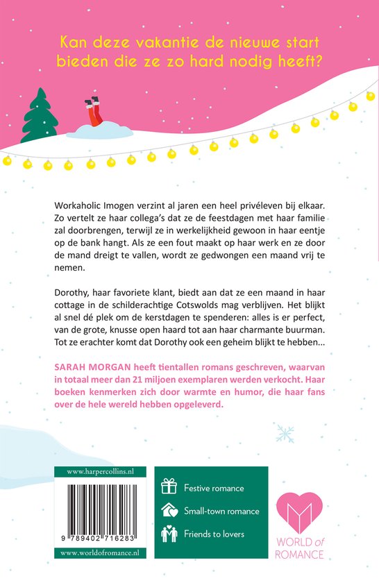 Achterkant van een boek met de tekst "Kan deze vakantie de nieuwe start bieden die ze zo hard nodig heeft?", een kerstboom en een sneeuwman. Met boekgegevens.
