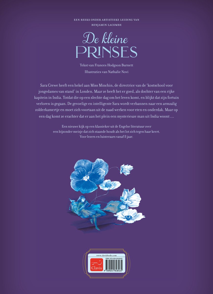 Achterkant boek 'De kleine prinses' met tekst en illustratie van bloemen en een meisje.