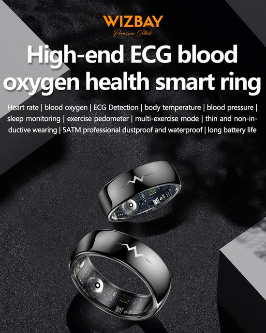 Twee zwarte ringen met bliksemschichtpatroon en zichtbare interne componenten. Ondersteunt ECG, hartslag, bloedzuurstof, slaap, en is waterdicht.