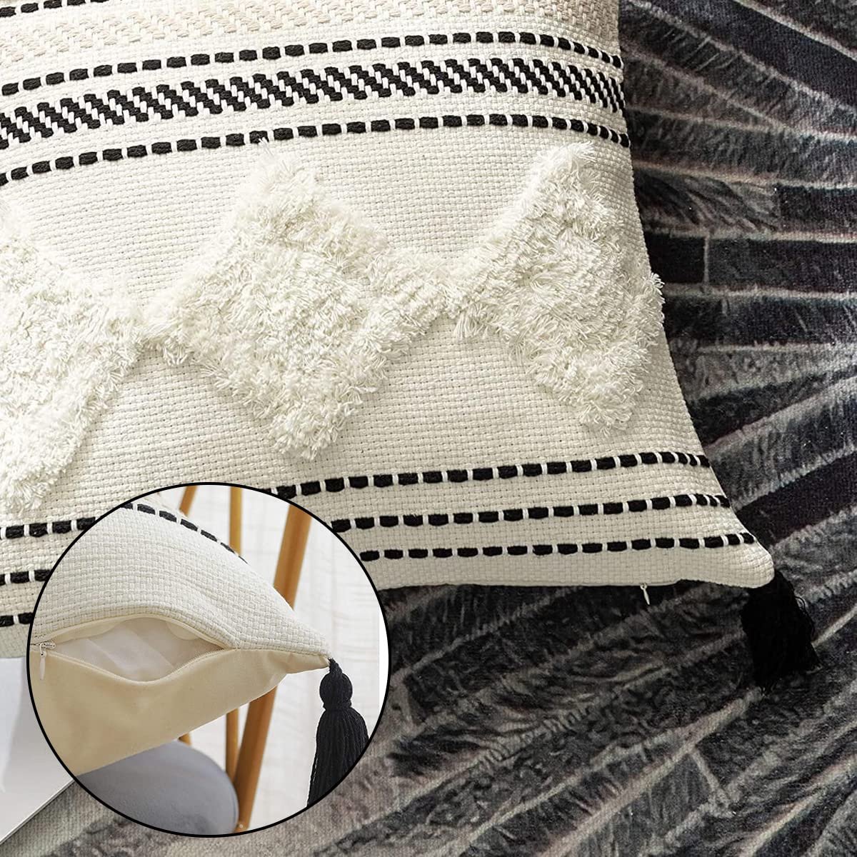 Ibenzoa Kussenhoes met Boheemse Stijl en Kwastjes voor Diverse Interieurdecoraties ZwartWit