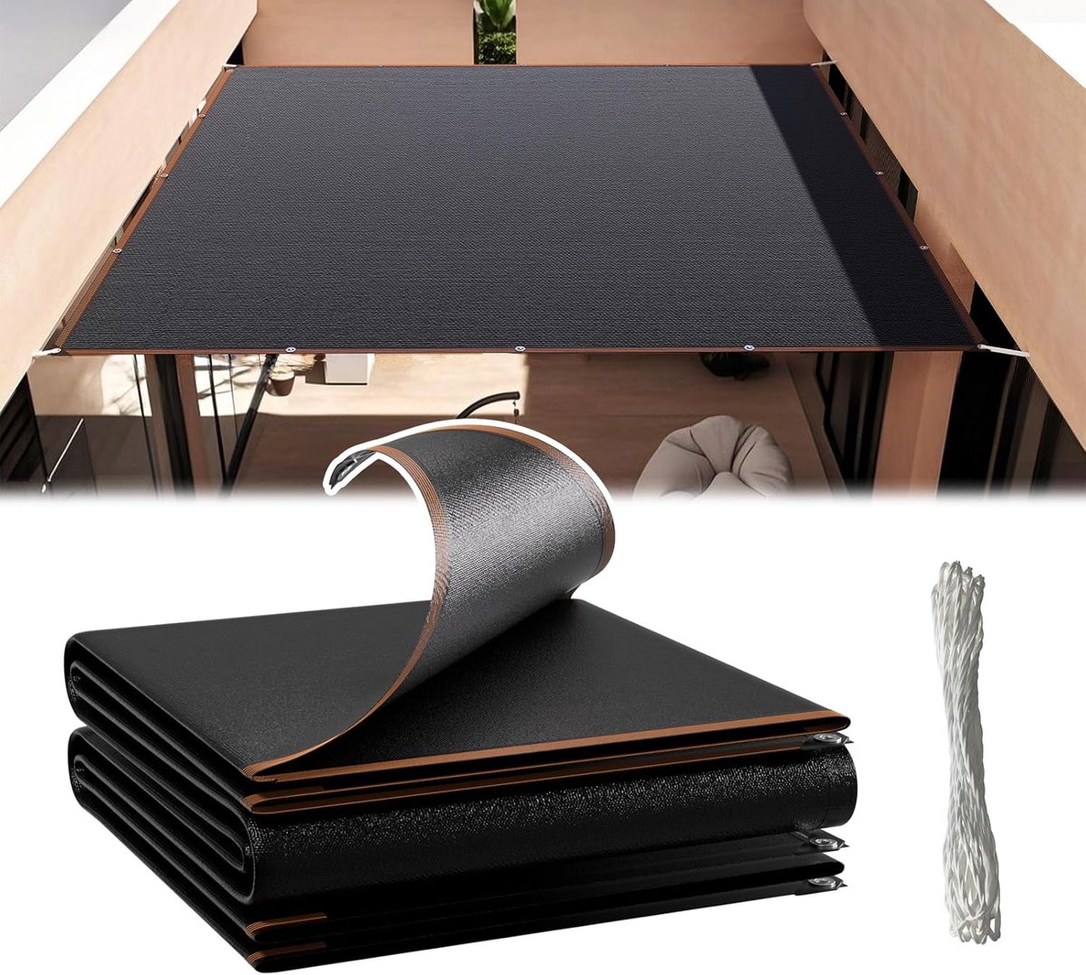 NAIZY canvas 2x5 m zonnezeil balkon zonder boren zonwerend tuindoek met 12 m touw & ogen, rechthoekig schaduwnet HDPE 150g/m² voor terrasbalkon